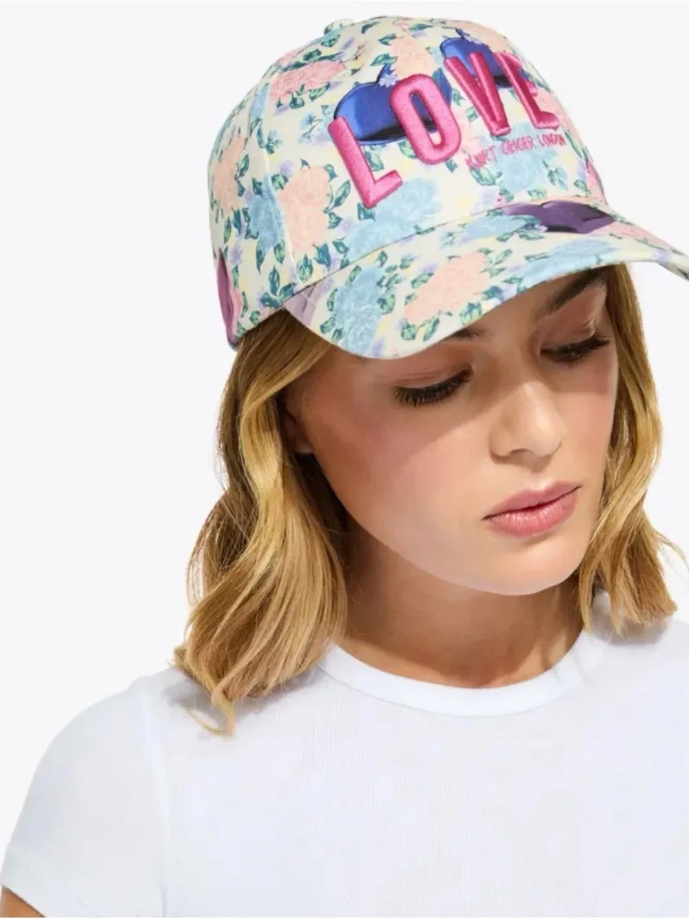 Kurt Geiger Floral 'LOVE' Pink Embroidered Baseball Cap